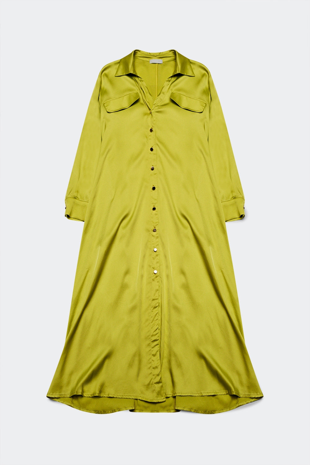 Q2 Vestido camisa de cetim detalhe bolsos verde lima