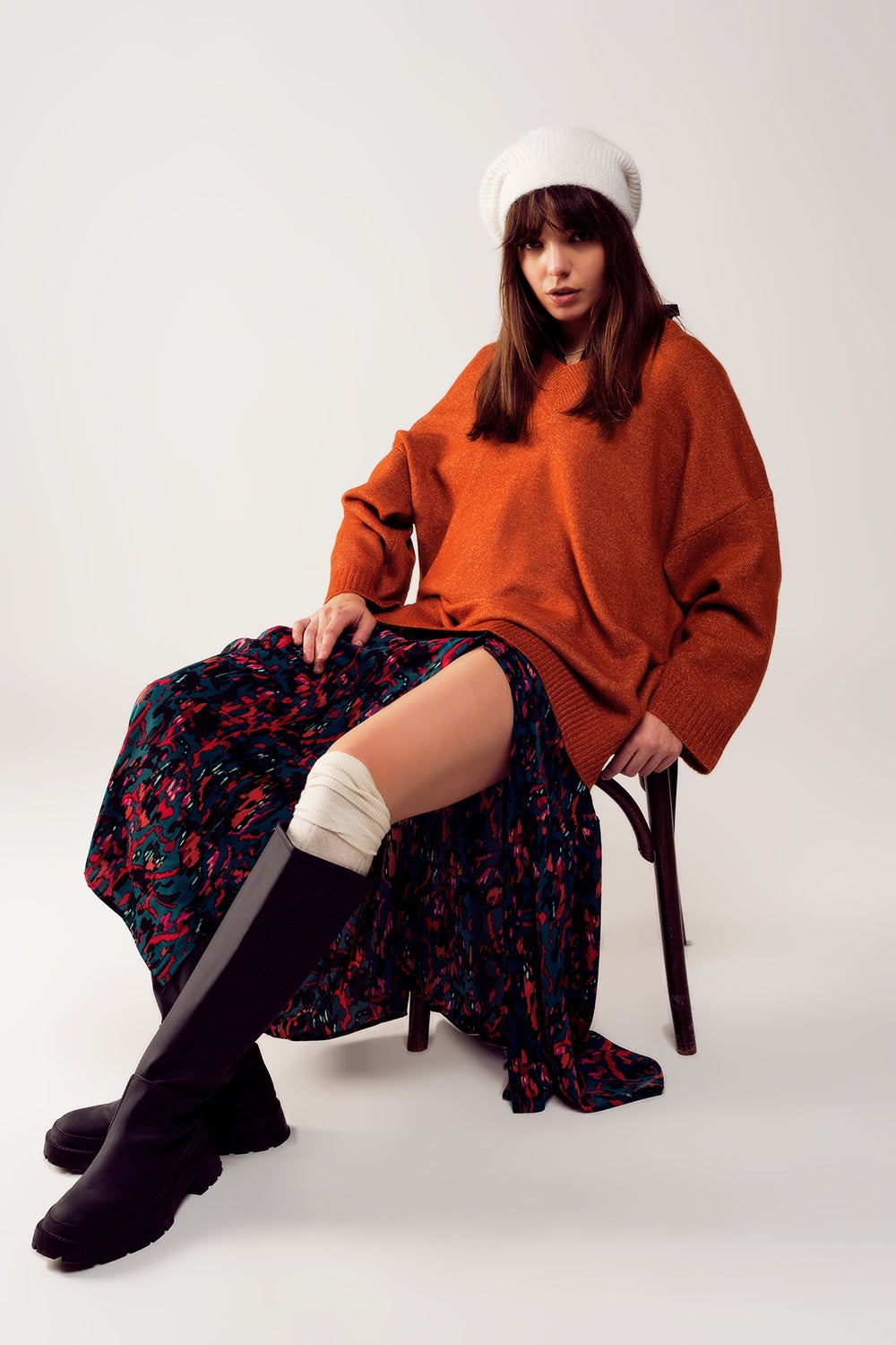 Q2 Vestido camisola oversize com decote em V laranja