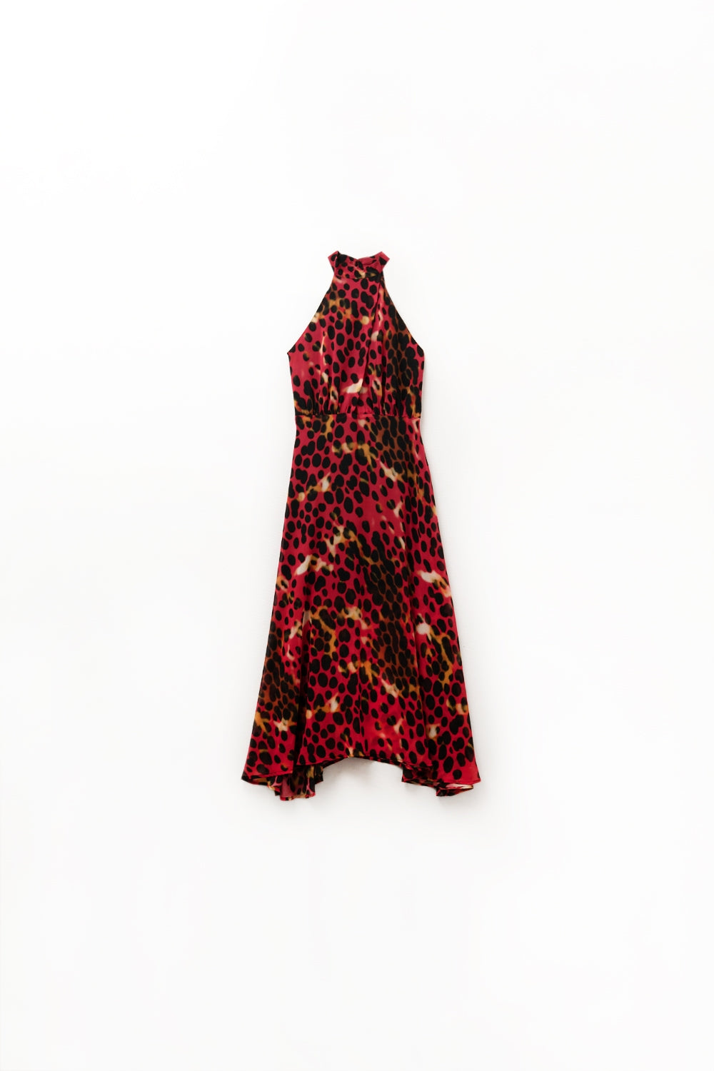 Q2 Vestido comprido com decote halter cruzado em vermelho e preto com estampado animal