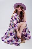 Vestido comprido com mangas de flutter e estampado de flores púrpura