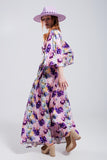Vestido comprido com mangas de flutter e estampado de flores púrpura