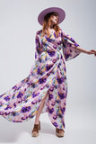 Q2 Vestido comprido com mangas de flutter e estampado de flores púrpura
