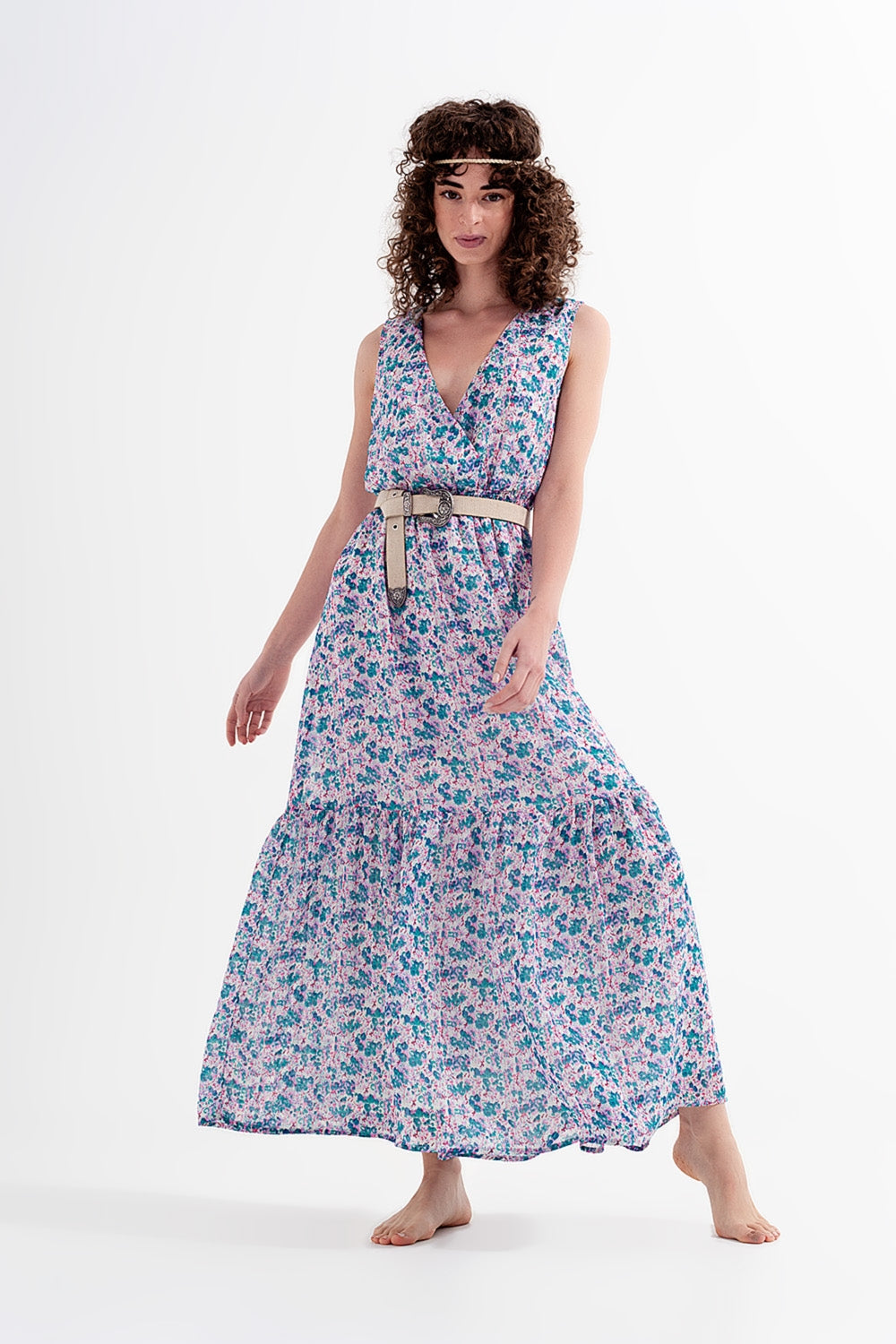 Q2 Vestido comprido sem mangas com estampa floral verde