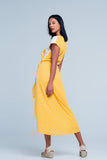 Vestido cross midi amarelo com estampa de bolinhas