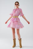 Q2 Vestido curto com estampado abstrato e saia com folhos em tons de rosa