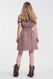 Vestido curto de verão com decote Bardot e estampa floral marrom