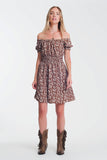 Q2 Vestido curto de verão com decote Bardot e estampa floral marrom