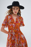Vestido curto laranja multicolorido com top cruzado com estampado animal