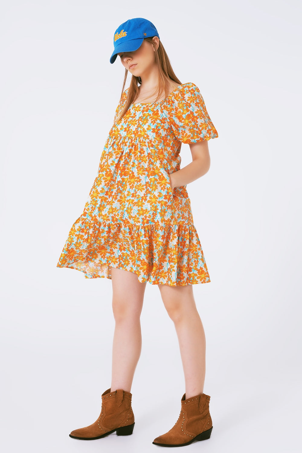 Q2 Vestido curto largo com estampado floral e mangas bufantes
