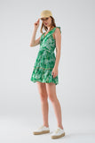 vestido curto verde com estampado de flores boho e pormenor em lurex