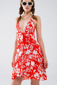 Vestido curto vermelho com estampado de flores Boho em lurex