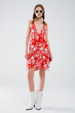 Q2 Vestido curto vermelho com estampado de flores Boho em lurex