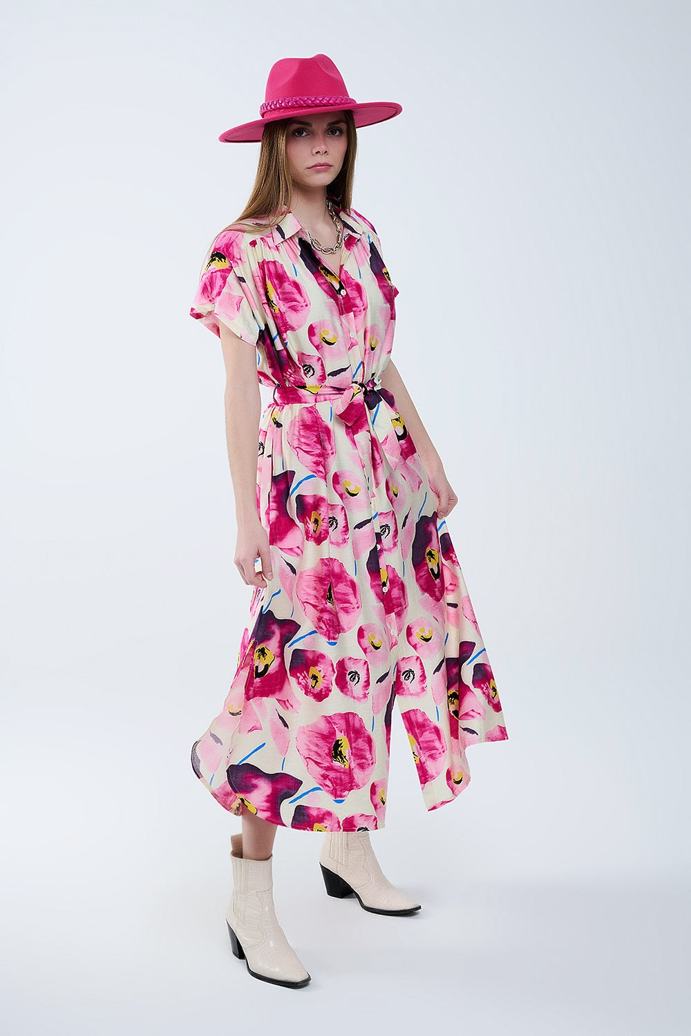 Q2 Vestido de camisa com botões com estampado floral em fúcsia