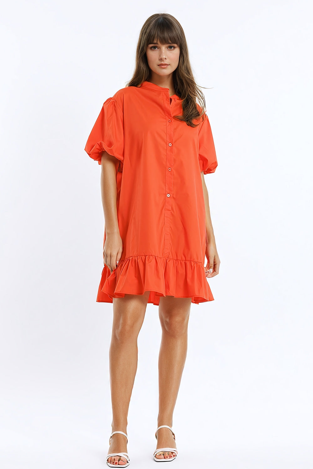 Q2 Vestido de camisa descontraído com mangas curtas em balão e folho em laranja