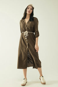 Q2 Vestido de camisa Khaki de mangas compridas com fecho de botões
