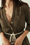 Vestido de camisa Khaki de mangas compridas com fecho de botões