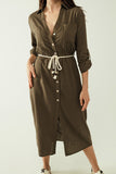 Vestido de camisa Khaki de mangas compridas com fecho de botões