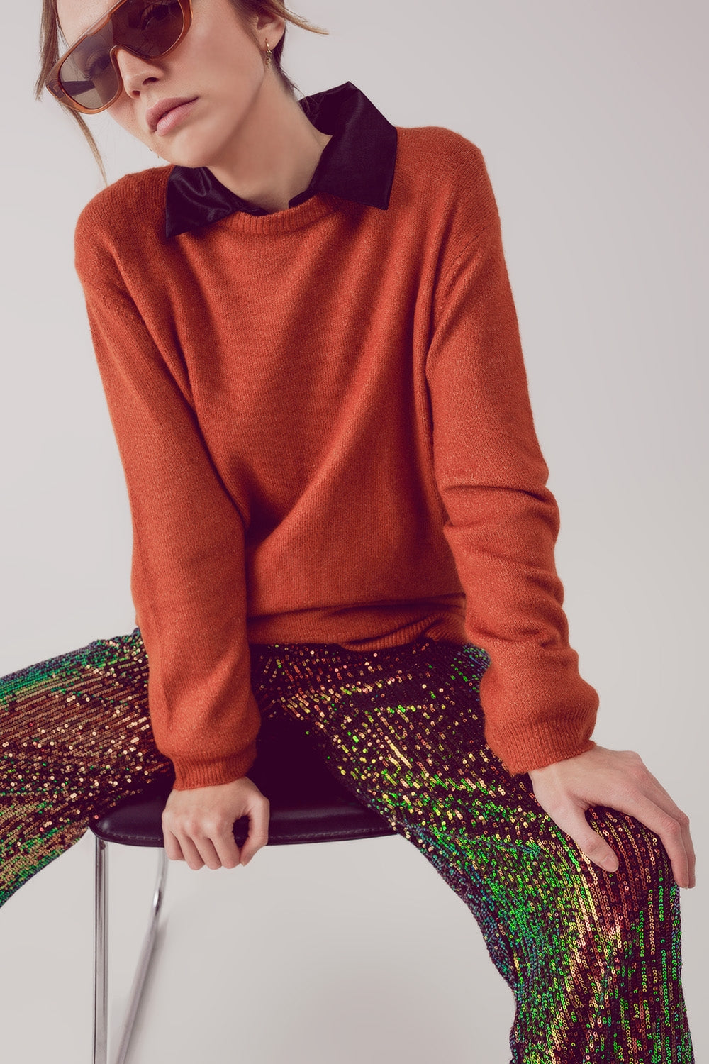 Q2 Vestido de camisola oversized com decote redondo laranja