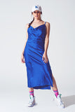 Vestido de Cetim com Decote de Cascata em Azul