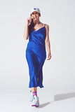 Q2 Vestido de Cetim com Decote de Cascata em Azul