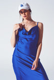 Vestido de Cetim com Decote de Cascata em Azul
