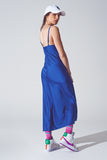 Vestido de Cetim com Decote de Cascata em Azul