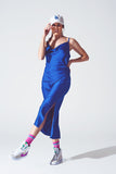 Vestido de Cetim com Decote de Cascata em Azul