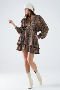 Q2 vestido de chiffon marrom com estampa de leopardo