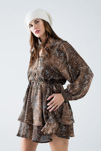vestido de chiffon marrom com estampa de leopardo