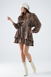 Q2 vestido de chiffon marrom com estampa de leopardo