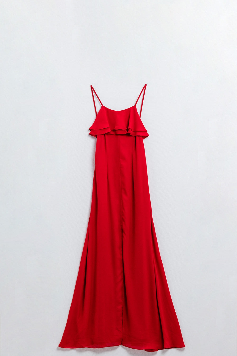 Q2 Vestido de chiffon vermelho com alças e folhos