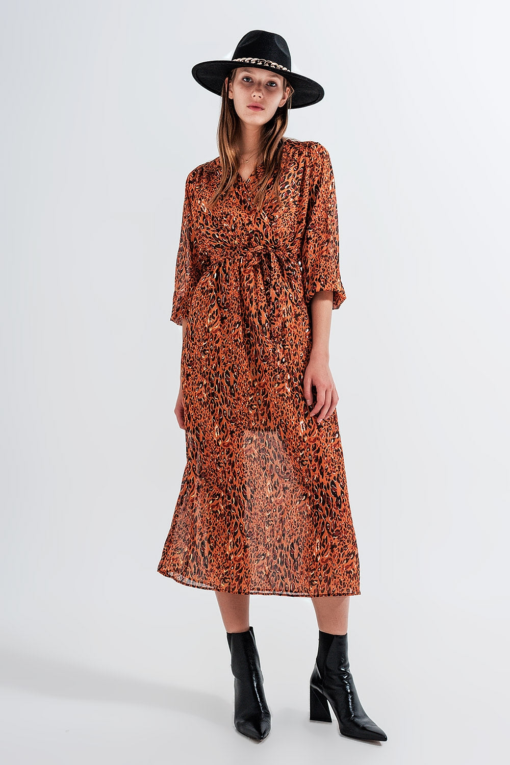 Q2 Vestido de envolvimento com estampagem animal