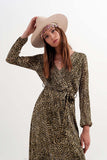 Vestido de manga comprida envolto em chiffon frontal com cinto estampado brilhante