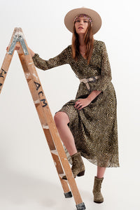 Q2 Vestido de manga comprida envolto em chiffon frontal com cinto estampado brilhante