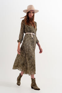 Vestido de manga comprida envolto em chiffon frontal com cinto estampado brilhante