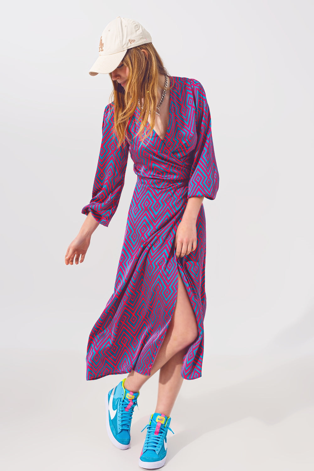 Q2 Vestido de manga comprida Maxi Wrap em Geo Print