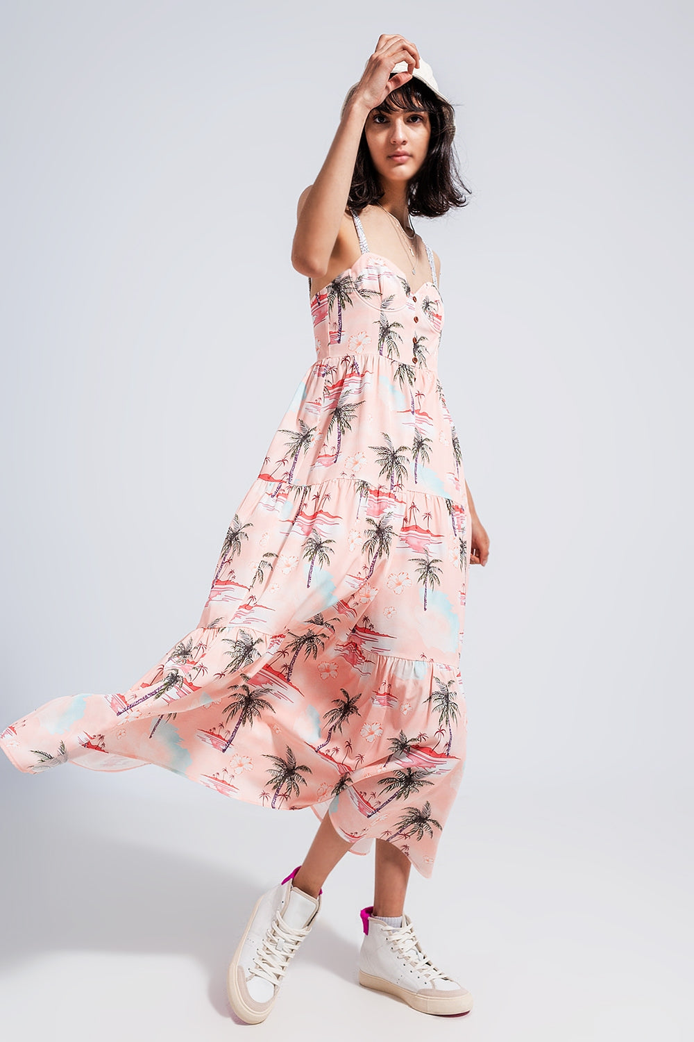 Q2 Vestido de praia maxi em estampado tropical