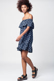 Q2 Vestido de praia midi azul marino com ombros descobertos