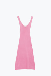 Q2 Vestido de verão de malha que abraça o corpo cor-de-rosa com rebordo branco