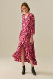 Vestido Envelope Maxi em Cetim com Estampa de Leopardo Fúcsia