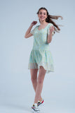 Vestido estampado verde com saia plissada