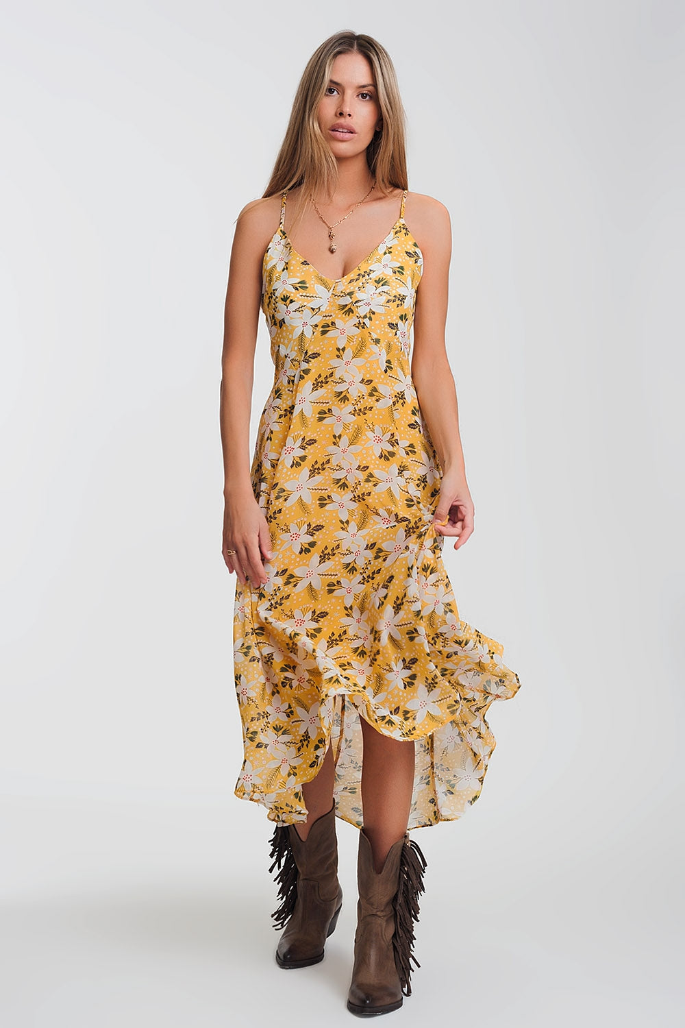 Q2 Vestido longo amarelo com tiras finas