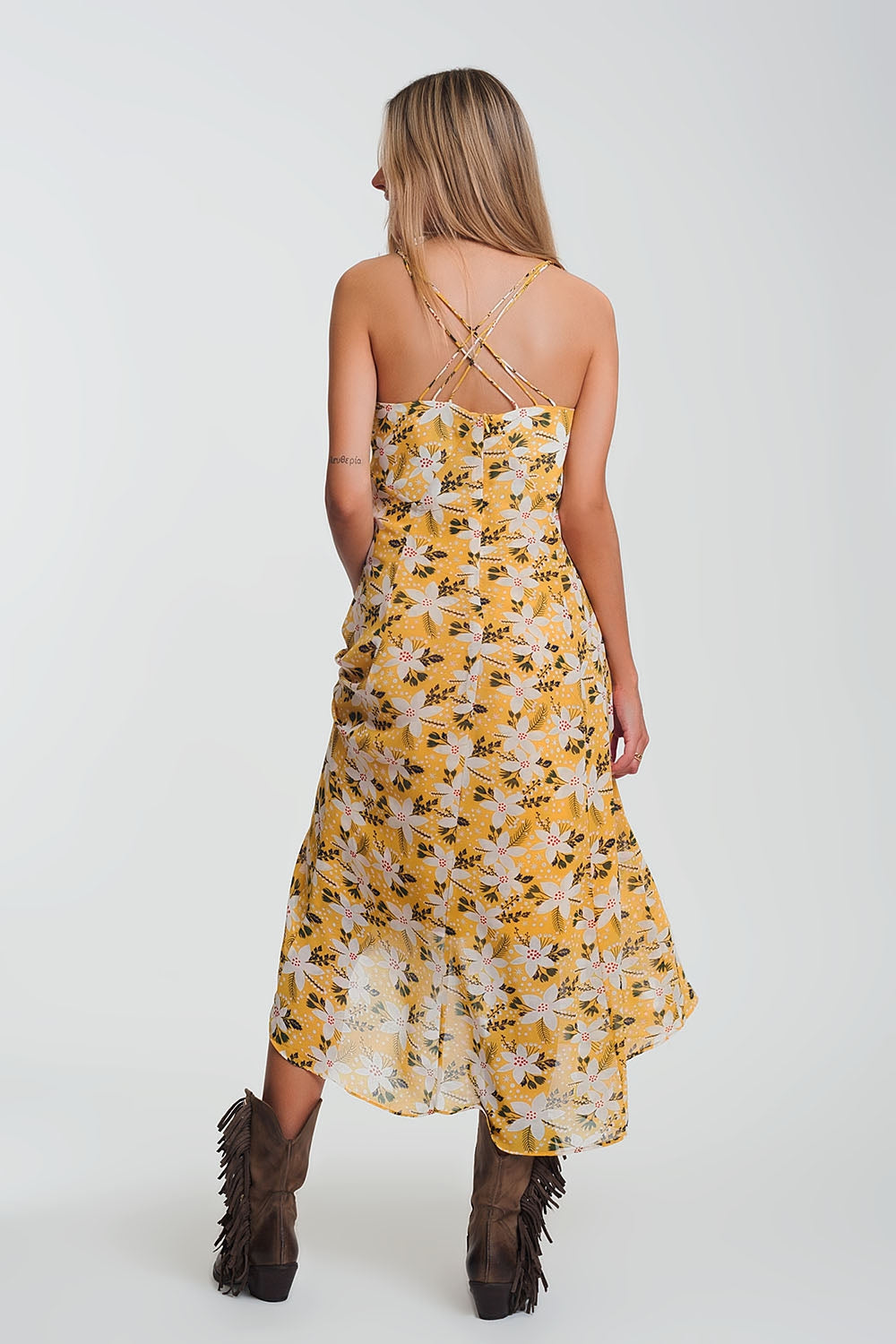 Vestido longo amarelo com tiras finas