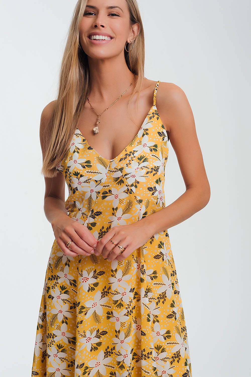 Vestido longo amarelo com tiras finas