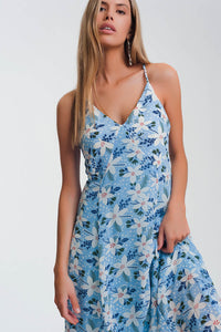 Vestido longo azul com tiras finas