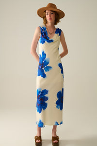 Q2 Vestido longo azul fluido sem mangas com estampa floral