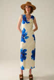 Q2 Vestido longo azul fluido sem mangas com estampa floral