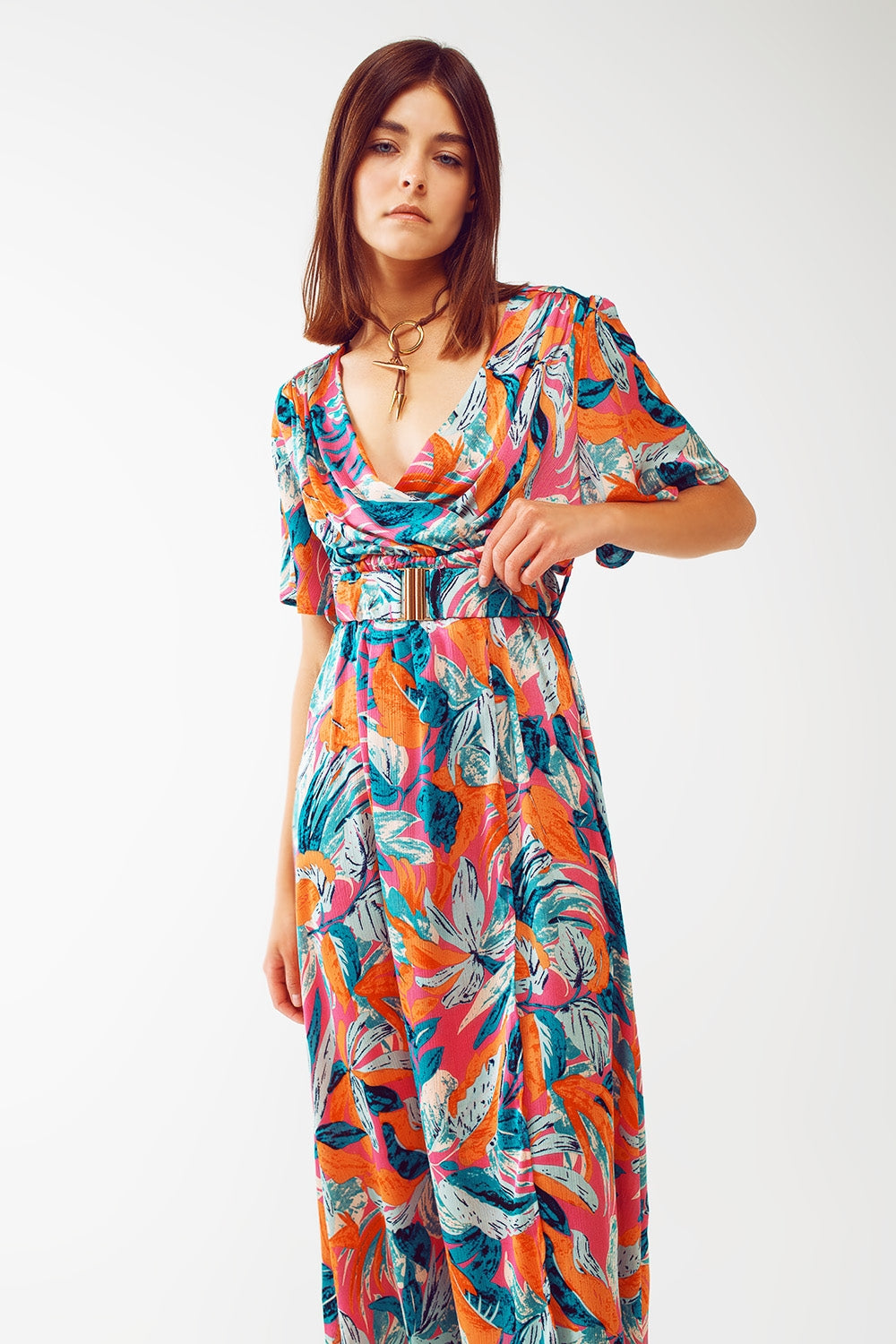 Vestido longo com estampa floral e cinto em laranja