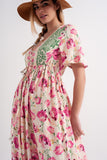 Vestido longo de babydoll com flores de cores vivas em rosa