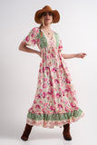 Q2 Vestido longo de babydoll com flores de cores vivas em rosa